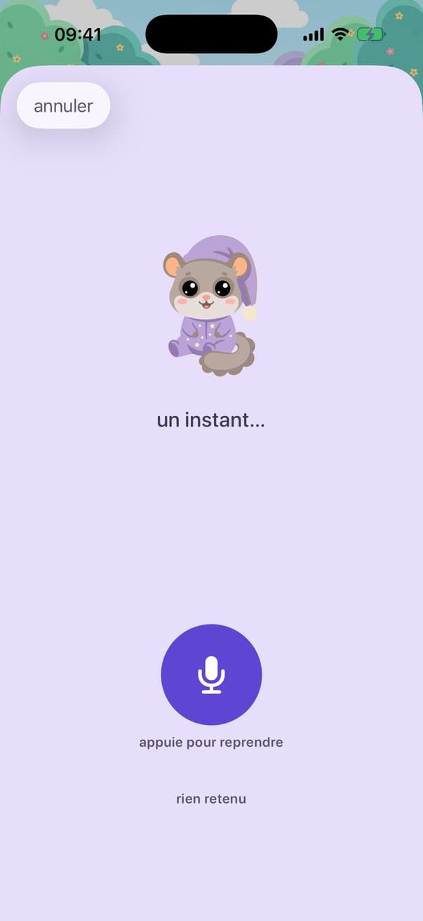 Le loir écoute pendant que tu dictes ton rêve, avec le bouton « rien retenu »